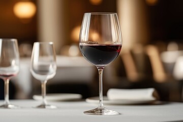 Elegant wine glass filled with red wine sits on white table in restaurant. Empty glasses visible in background. Fine dining ambiance suggested. Restaurant setting suggests celebration special