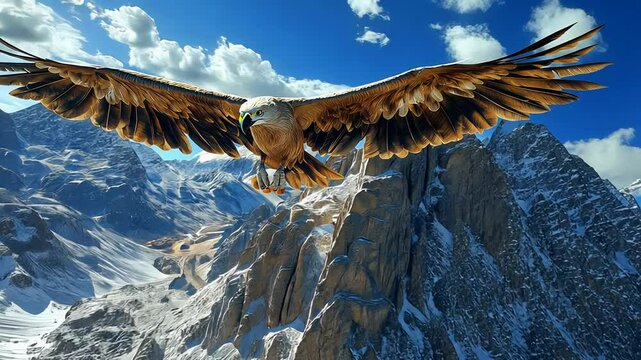 Witness a magnificent Andean condor in flight, its impressive wingspan gliding effortlessly above stunning snow-capped mountains during a clear day. Nature's beauty on display.