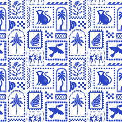 Retro hand drawn tropical summer seamless pattern. Traditional indian tapestry style background illustration. Vintage exotic nature textile print, jungle animal texture with monkey, flower, palm tree.