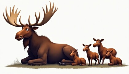 Moose family rests together. Large male moose with impressive antlers, two females, two young calves sit side by side on grassy ground against white background. Family portrait. Wildlife scene. Calm