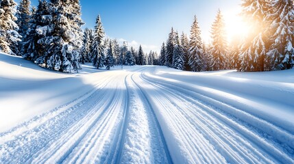Obraz premium Snow-covered path in a deep forest, tall evergreens rising into the cold, clear sky, the road winding through a serene winter landscape untouched by time