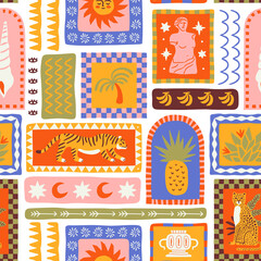 Stoffe zum Nähen Retro hand drawn tropical summer seamless pattern. Traditional indian tapestry style background illustration. Vintage exotic nature textile print, jungle animal texture with tiger, doodle, palm tree.