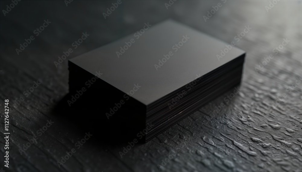Poster stack of blank black business cards on dark soundproof surface. mockup template. branding, design co