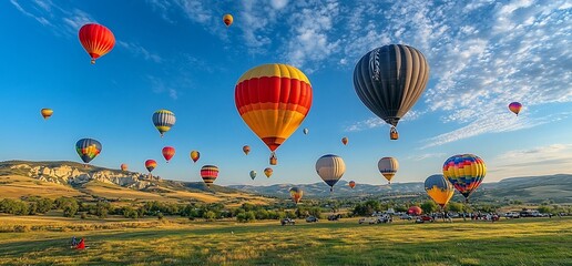 Colorful hot air balloons float over a scenic landscape on a sunny day.