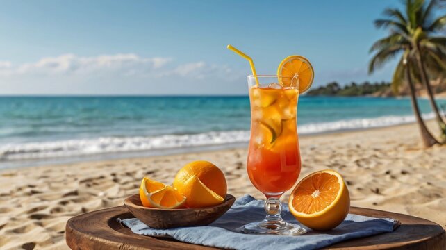 A delicious orange yellow drink with an orange slice on the edge of the glass standing on a table top with some oranges in front of the blurred out ocean in the background. Tropical vacation concept.