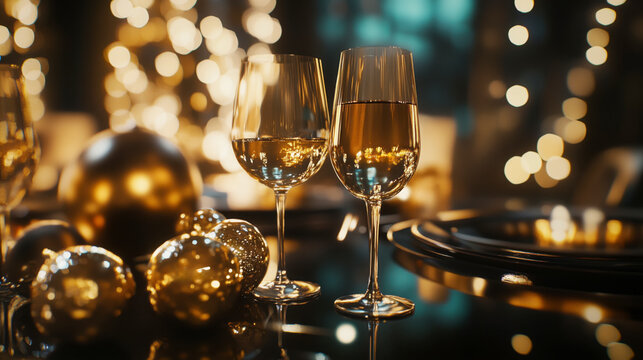 Dos copas de champ&aacute;n en la messa por navidad, fiesta de a&ntilde;o nuevo