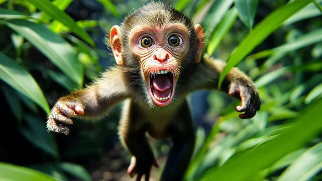 An aggressive monkey leaps from the trees in a dense jungle, showcasing its sharp teeth while charging toward the viewer. The vibrant greenery enhances the wild atmosphere.