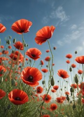 Vibrant red poppy flowers swaying in a gentle breeze, nature movement, fragility