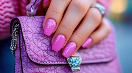 This vibrant image showcases perfectly manicured pink nails gripping a fashionable pink handbag, highlighting the intersection of beauty and style in everyday life.