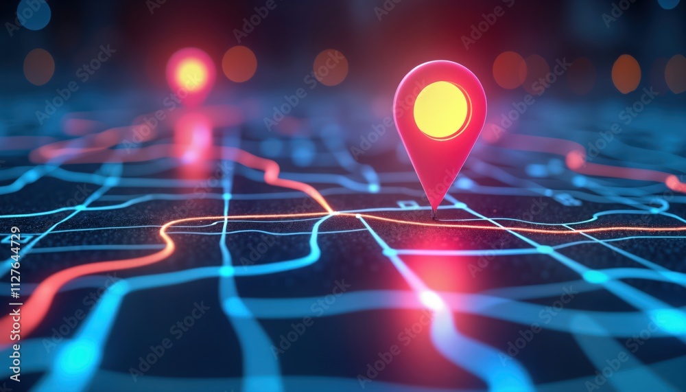 Poster Digital map shows AI tech in GPS, new delivery services. Future transport routes planned. Location pinpoint on city map highlights innovation in logistics. Technology guides new paths for travel.