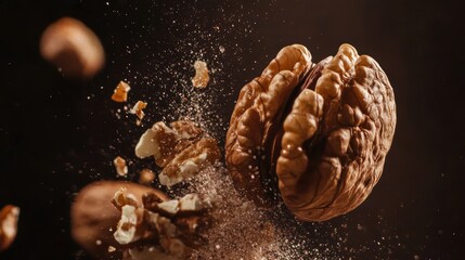 A cinematic close-up capture reveals the dynamic explosion of a walnut in motion, showcasing intricate textures and fragments suspended midair.