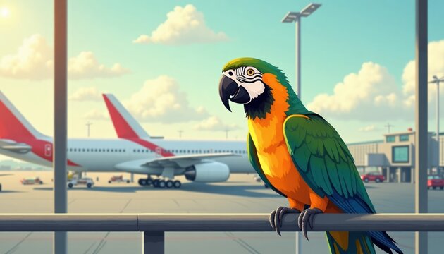 Colorful parrot sits on airport railing. Airplane visible in background. Sunny day at airport terminal. Bird observes planes. Travel concept. Avian scenery. Exotic animal in travel hub. Tourist