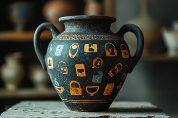 Ancient Greek vase depicting social media icons, museum display lighting, ceramic texture, with copy space