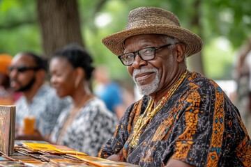 An elderly man with glasses and a straw hat sits at an outdoor event surrounded by people, with a friendly smile and colorful attire.
