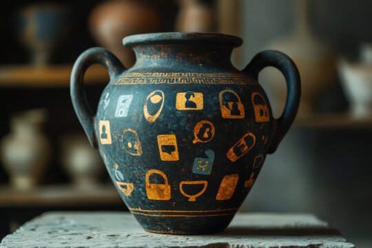 Ancient Greek vase depicting social media icons, museum display lighting, ceramic texture, with copy space