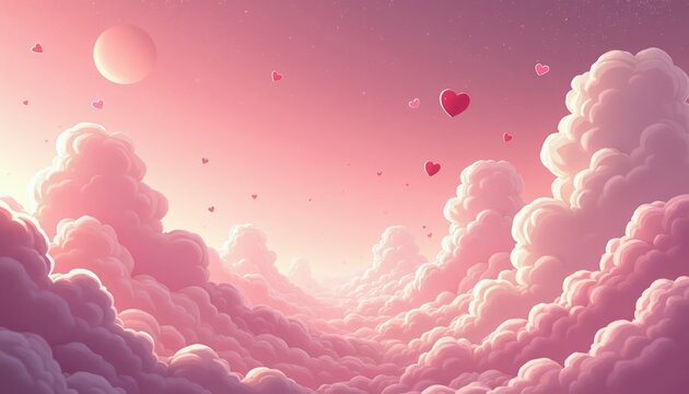 Pink clouds fill sky. Animated loop video background ideal for Valentine Day. Cartoon anime style backdrop perfect for vtuber streamers. Soft light illuminates clouds. Red hearts float through pastel