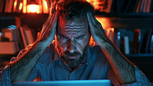 A stressed businessman sits at a computer in a dimly lit office, massaging his temples in an attempt to relieve a headache. The late hour adds to his fatigue and frustration with work.