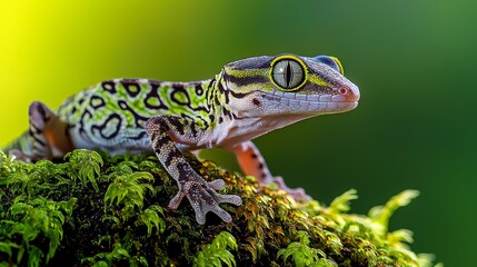 Obraz premium Stealthy gecko camouflaged on a moss-covered rock, its patterned skin merging with vivid green and earthy tones, macro photography style