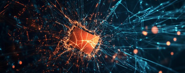 Fototapeta premium Security breach concept, cracked firewall icon on network interface, representing threats in data protection systems