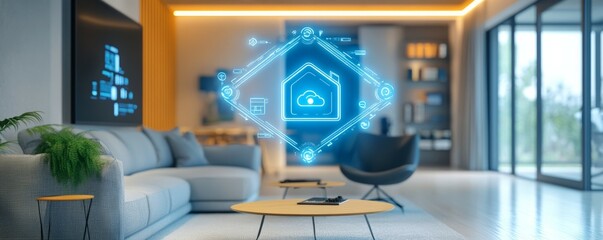 Smart home interior, minimalist modern tech,