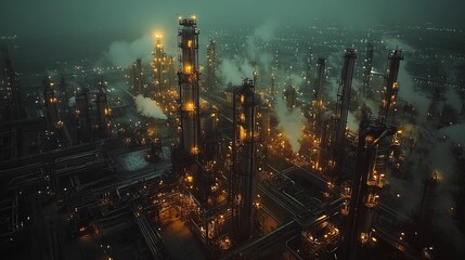 Fototapeta premium Nighttime Aerial View Of Illuminated Refinery Complex