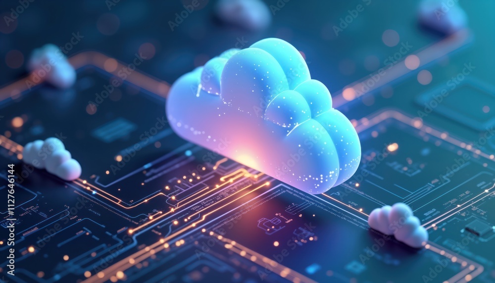 Poster Futuristic isometric cloud storage platform facilitates data transmission. Network computing tech. 3d server shown with bright blue cloud, connected circuit boards. Illustration shows digital service