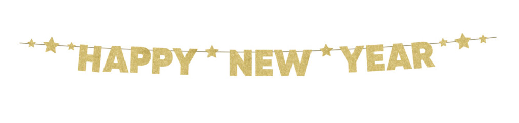 Golden bunting garland with Happy New Year text and glittering stars. Festive party decoration. isolated on transparent background. Winter holiday, New Years Eve web banner, overlay. Vector