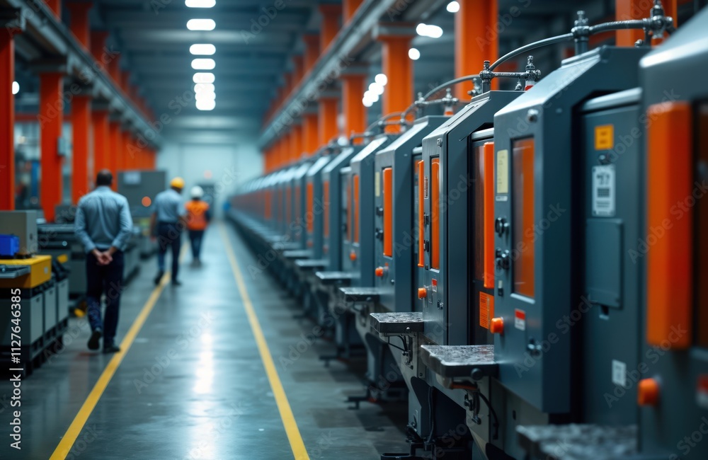 Poster metal machining facility with automated equipment. workers walk through production line. industrial 