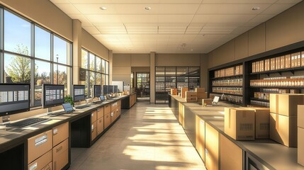 A serene labeling station where tracking updates glow softly on sleek monitors, workers organizing packages, warm tones