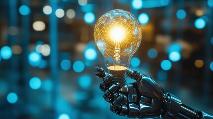 Futuristic Robot Hand Holding a Glowing Light Bulb with Network Connections and Bright Bokeh Background, Symbolizing Innovation and Technology Advancement