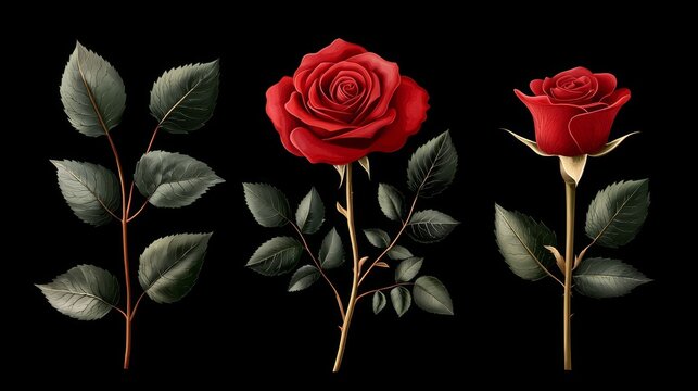 Red rose with vector leaves, classic Valentine symbol, white background