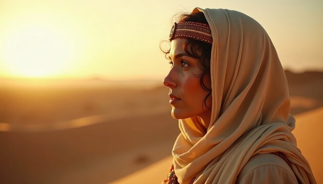 Beautiful woman in desert setting. Wears colorful attire, head covering. Image evokes biblical character Esther. Scene captures historical period. Woman thoughtful expression. Golden hour light
