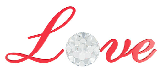 Love with diamond, red inscription. 3D rendering isolated on transparent background