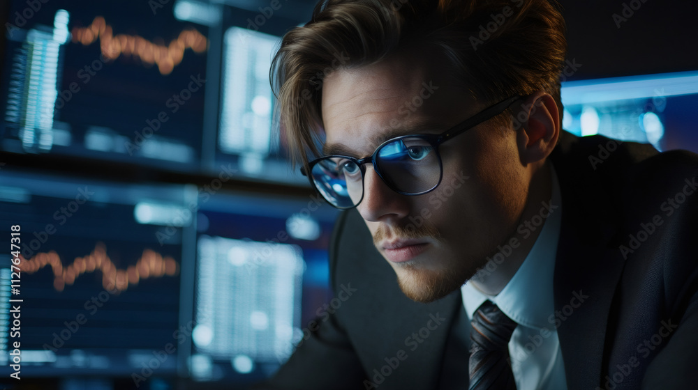 Leinwandbilder Focused stock trader analyzing real-time market data on computer screens in a dark office, making investment decisions