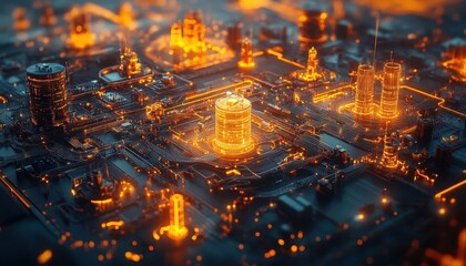 Fototapeta premium A symbolic glowing automation network connecting labeling systems, drones, and workers, warm cinematic tones