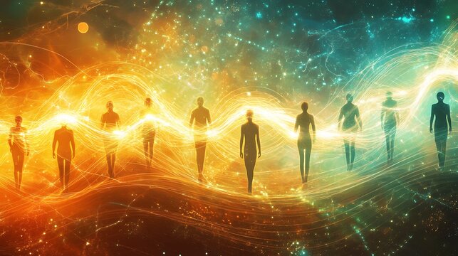 Silhouettes of people walking in a cosmic energy flow, vibrant colors, spiritual journey.