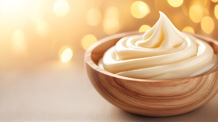 Close-up of creamy swirl in a rustic wooden bowl, soft golden lighting, high-contrast shadows, silky smooth texture, perfect for gourmet food advertising