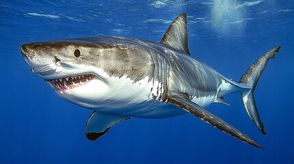 Fototapeta premium Great White Shark Swimming in Ocean Depths