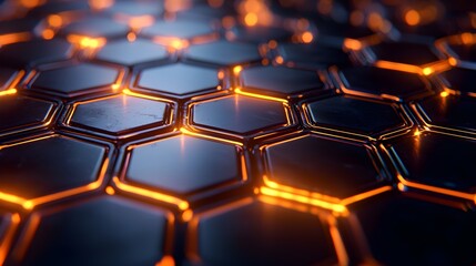 Fototapeta premium Close-up of metallic hexagons forming a complex web, glowing faintly, suggesting advanced interconnected neural structures. metallic hexagons, interconnected, neural web