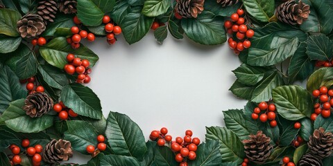 Watercolor Christmas frame with holly berries and pine
