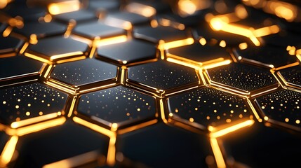 Obraz premium Close-up of metallic hexagons forming a complex web, glowing faintly, suggesting advanced interconnected neural structures. metallic hexagons, interconnected, neural web