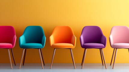 Close-up of multicolored chairs with sleek modern lines, set against a neutral wall, playful contrast in vibrant hues, banner for web
