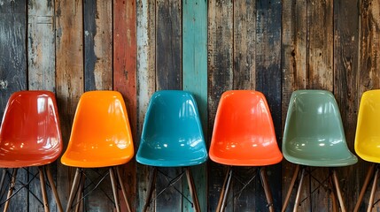 Close-up of multicolored vintage chairs in a row, arranged against a worn wooden wall, warm tones, nostalgic feel, perfect for banner
