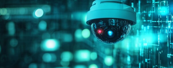 Surveillance camera with glitch effects, dark urban background, representing security risks and privacy invasion