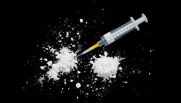 Drug use concept. powder, cannabis, syringe are scattered on a black background. Powder drug addiction isolated with white highlights, png