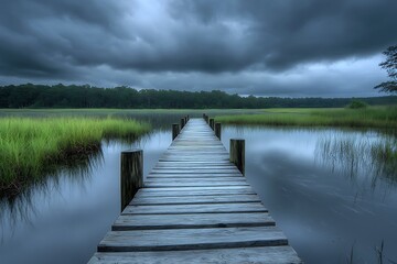 Fototapeta premium A serene wooden dock extends into a calm lake under a dramatic, cloudy sky.