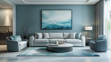 A modern living room featuring a sleek, contemporary design with a blue color scheme, complemented by minimalist furniture and artistic decor elements.