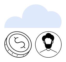 Cloud, coin with dollar sign, and user profile illustration. Ideal for fintech, cloud computing, savings, user management, digital identity financial services and online transactions. Line metaphor