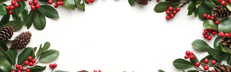 Watercolor Christmas frame with holly berries and pine