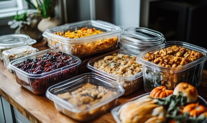Obraz premium Thanksgiving dinner leftovers packed in ecofriendly containers with sustainable packaging, Thanksgiving leftovers, zerowaste holiday meal